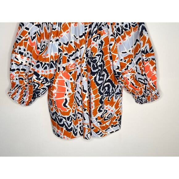 Marie Oliver Printed Puff Sleeve V-Neck Blouse Top Orange/Black/Blue Women's 1 - Picture 11 of 12